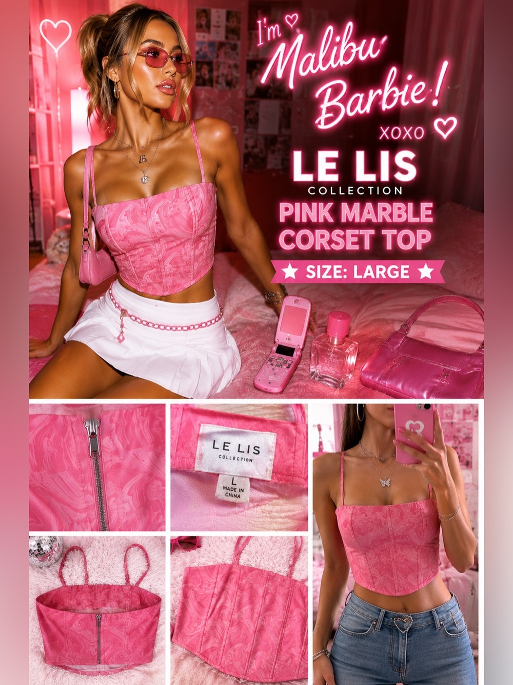 Le Lis Pink Marble Print Corset Crop Top Size Large Y2K Coquette